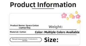 Detailed product information card for padded cotton laptop sleeve showing materials and colors