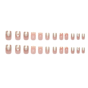 Pink leopard print press-on nails with bow and heart accents 24-piece set