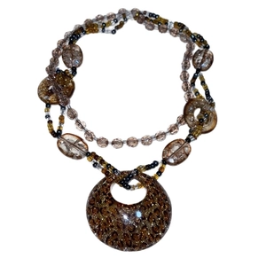 Ethnic bohemian layered beaded long sweater chain with leopard print round pendant
