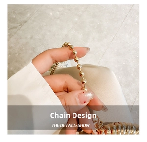 Detailed close-up of golden metallic bead chain with spring clasp for shell bag