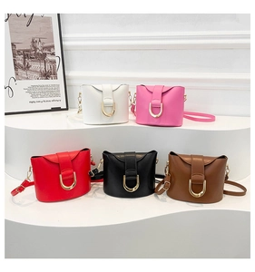 Detail showing five colors of leather bucket bags with gold D-ring buckles on white podiums