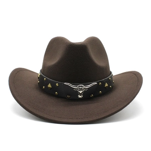 Deep brown wool felt western cowboy hat with leather band and metal bull head emblem