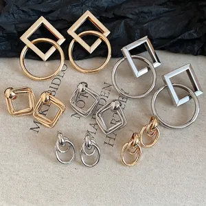 Geometric Stud Earrings Interlocking Square Round Smooth Metal Fashion For Women With 925 Sterling Silver Earring Post