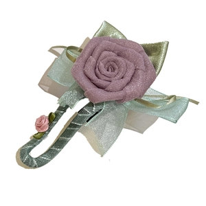 Elegant floral hair claw with purple fabric rose and mint green ribbon bow for women