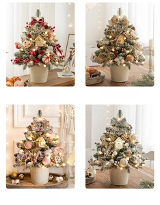Detailed grid view of mini tabletop Christmas trees in red, gold, pink and silver styles