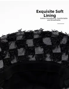 Detail of the soft cotton inner lining and breathable sweatband of checkered bucket hat