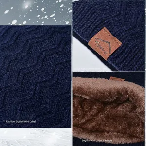Men's winter knit beanie hat with wave pattern, leather logo, and warm fleece lining