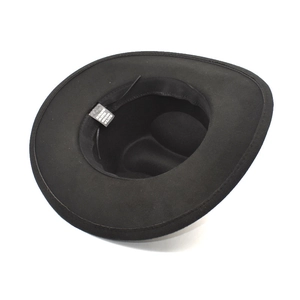 Detail of black felt hat interior with sweatband and adjustable windproof strap