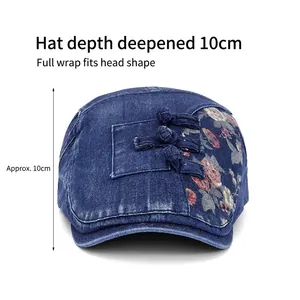 Béret en denim bleu avec broderie ethnique et boucle à nœud, profondeur de 10 cm