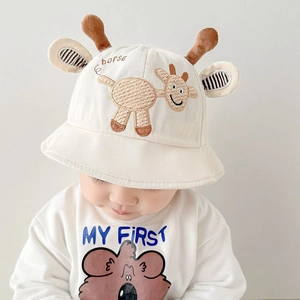 Detail of baby cotton bucket hat featuring 3D ears and cartoon horse embroidery