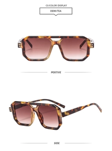 Detail view of demi tea pilot sunglasses featuring double bridge and square frame