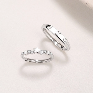 Minimalist S925 silver adjustable star-themed couple rings with transparent zircon stones
