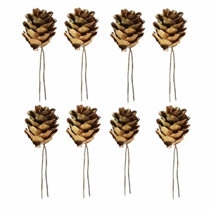 Set of 8 natural pine cones with brown wire stems for Christmas tree and gift box decoration