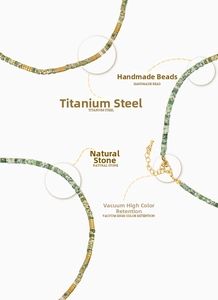 Detail showing natural green stone beads and gold titanium steel clasp of the necklace
