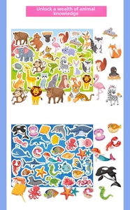 Close-up of colorful ocean and land animal stickers for children showing sharp details