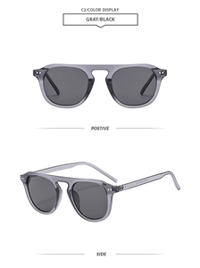 Front and side views of vintage gray transparent sunglasses with black polarized lenses