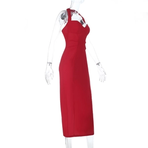 Elegant red sleeveless halter neck bodycon midi dress shown on a mannequin
