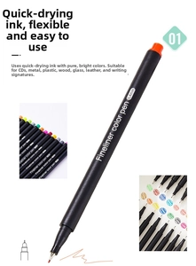 Detailed view of 0.4mm fineliner pens showing fast-dry ink and colorful writing effect