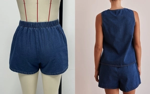 Rear view detail of dark blue denim high waist shorts and sleeveless vest set for women