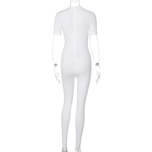 Detailed back view of white short sleeve bodysuit featuring a functional zipper closure