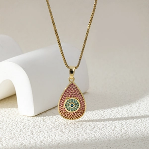 Golden evil eye necklace with teardrop pendant and colorful zircon stones for women