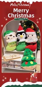 Close-up of plush Santa and Penguin toys tucked inside Christmas stocking-shaped dolls