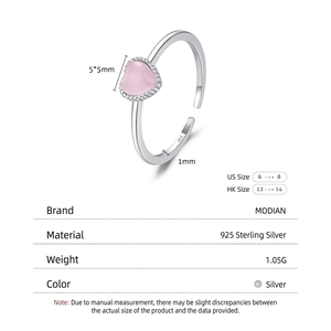 S925 sterling silver open ring featuring a pink heart cat eye stone with size details