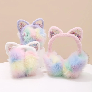 Rainbow Gradient Plush Earmuffs With Sequin Cat Ears Winter Warm Foldable Cold Weather Protection For Girls Kids Women
