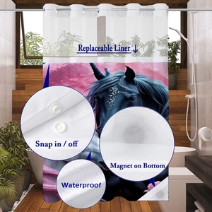 Detail showing waterproof waffle fabric shower curtain with snap-in liner and unicorn print