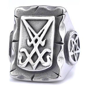 Gothic Sigil of Lucifer ring in stainless steel with vintage silver finish and pentagram