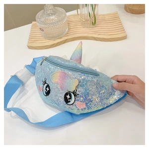 Detailed view of unicorn sequins children's fanny pack with colorful embroidery and strap