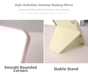 Detail of pink desktop makeup mirror showing rounded corners and stable support bracket