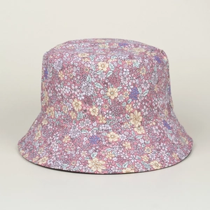Pink floral cotton bucket hat with small flower patterns and sun protection wide brim