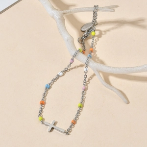 Bohemian stainless steel cross bracelet with colorful enamel beads on coral branch