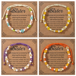 Bohemian daisy bead bracelet set with pearls and adjustable cord in four colors