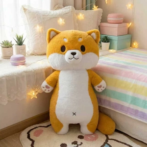 Peluche Shiba Inu mignonne long oreiller animal en peluche doux orange et blanc