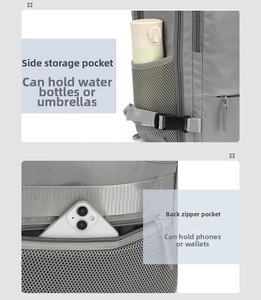 Detail of grey travel backpack featuring elastic side mesh pocket and anti-theft back zipper