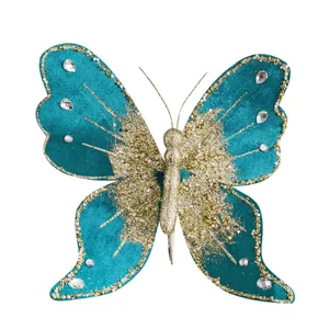 Blue-green velvet butterfly ornament with gold glitter and crystals for Christmas trees