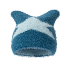 Plush cat ear knit beanie featuring a light blue star pattern on soft teal fabric