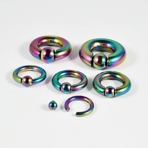 Rainbow captive bead ring set in various sizes, multi-colored stainless steel body jewelry