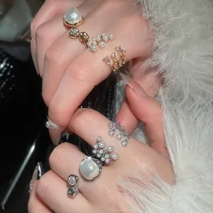 French vintage multilayer pearl and zircon open ring set in gold and silver finish
