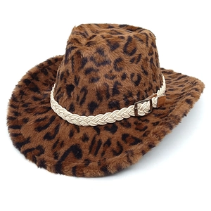 Plush leopard print cowboy hat with fuzzy faux fur texture and white woven decorative band