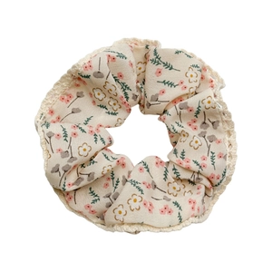 Floral fabric hair scrunchie with lace edge in beige, elegant accessory for women