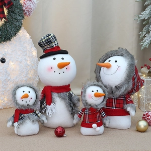 Christmas Snowman Plush Doll Ornaments With Plaid Outfits And Faux Fur Trim For Home Tabletop Holiday Display Decor