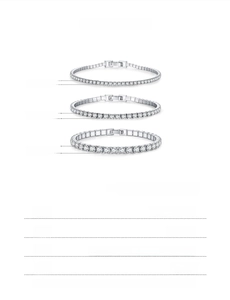 Size chart for S925 sterling silver tennis bracelets showing 2mm, 3mm and 4mm widths