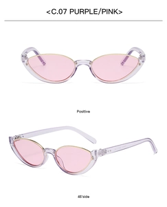 Dettaglio degli occhiali da sole cat-eye viola trasparenti con lenti rosa da due angolazioni