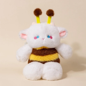 Cute plush sheep in bee costume with yellow antennas and soft white faux fur doll