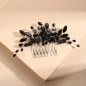 Pettine Per Capelli Da Sposa Fatto A Mano Con Cristallo Di Ossidiana Nera E Strass Design Foglia Filo Metallico Argento