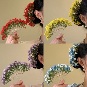 Flower Hair Stick Gold Alloy Fan Shaped Dried Baby Breath Gypsophila Cluster Elegant Vintage Wedding Bridal Hair Pin For Women