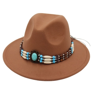 Brown wide-brim felt hat with turquoise ethnic beaded band in a western style